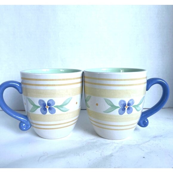 Pfaltzgraff Summer Breeze Coffee Mugs Yellow Blue Mint Set Of 2 16oz GrannyCore - Picture 1 of 5